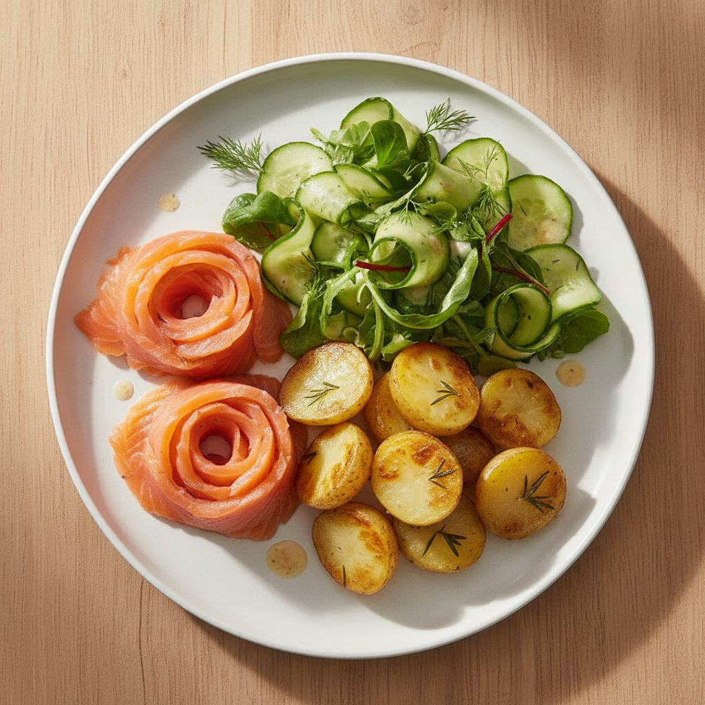 Gerookte zalm met krieltjes, dille en frisse komkommersalade