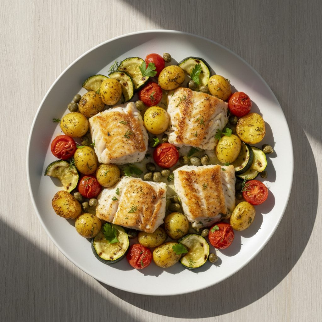 Kabeljauw uit de oven met cherrytomaatjes, kappertjes en bakaardappeltjes
