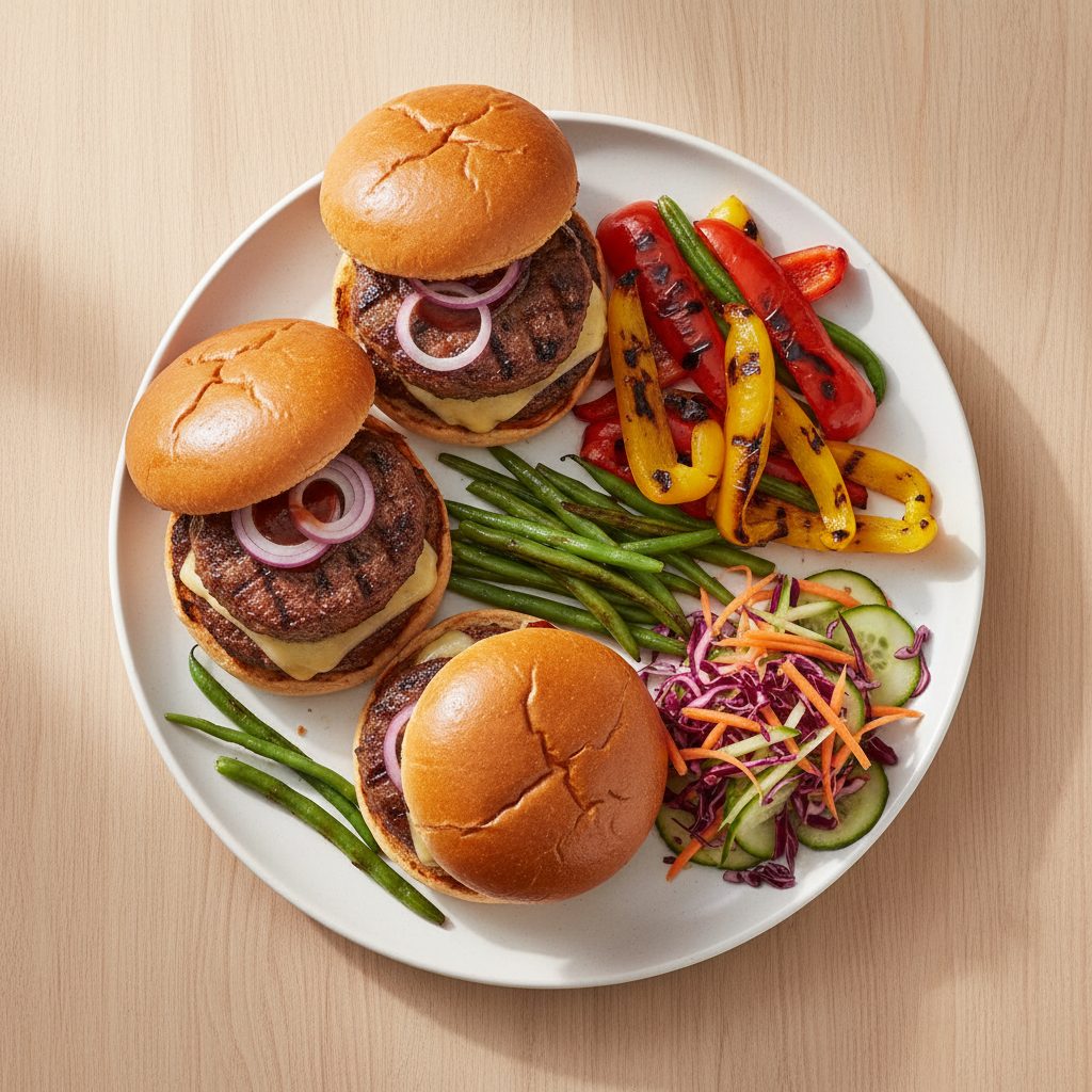 BBQ runderburgers met gegrilde snijbonen, paprika en frisse rauwkost