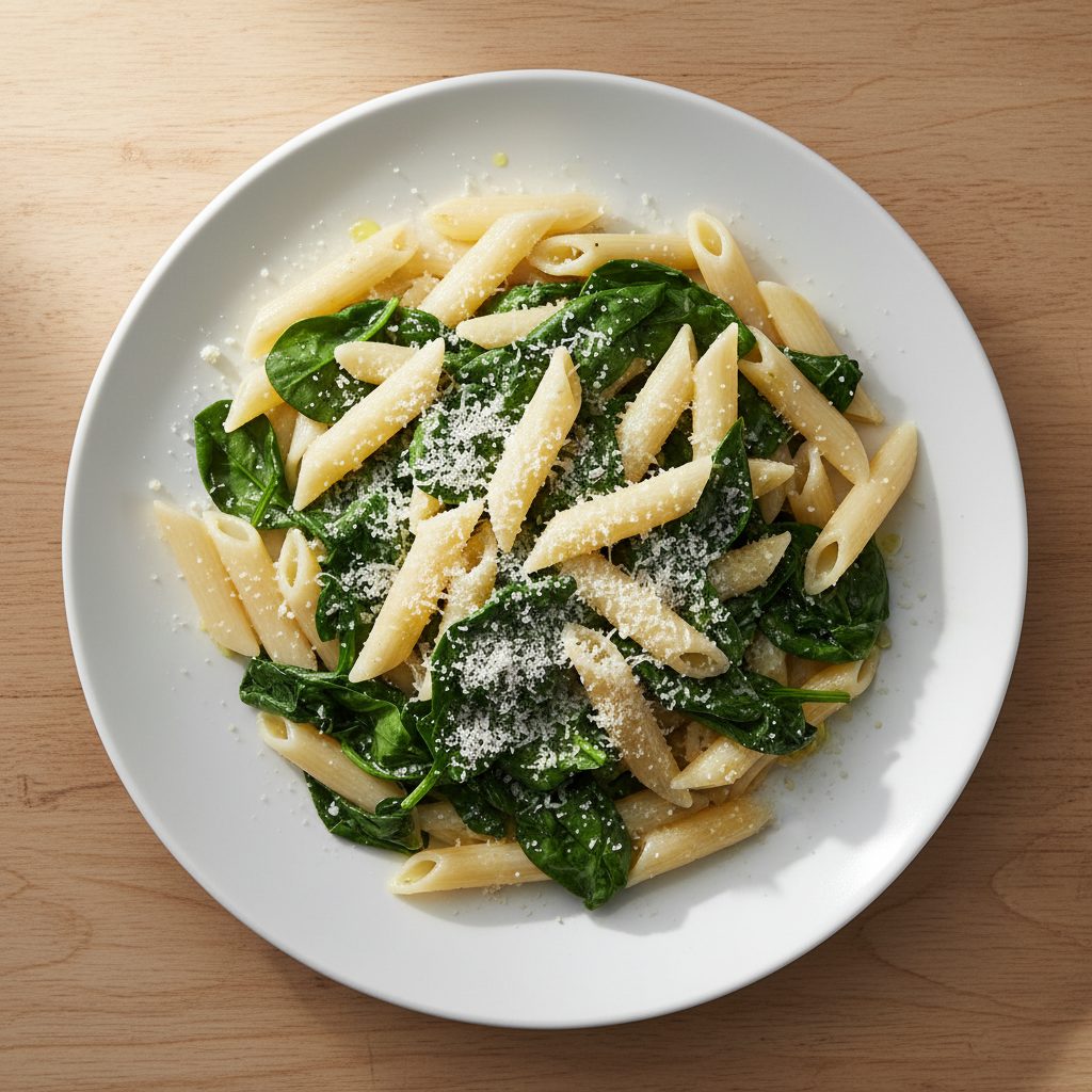 Pasta primavera met witte asperges en spinazie