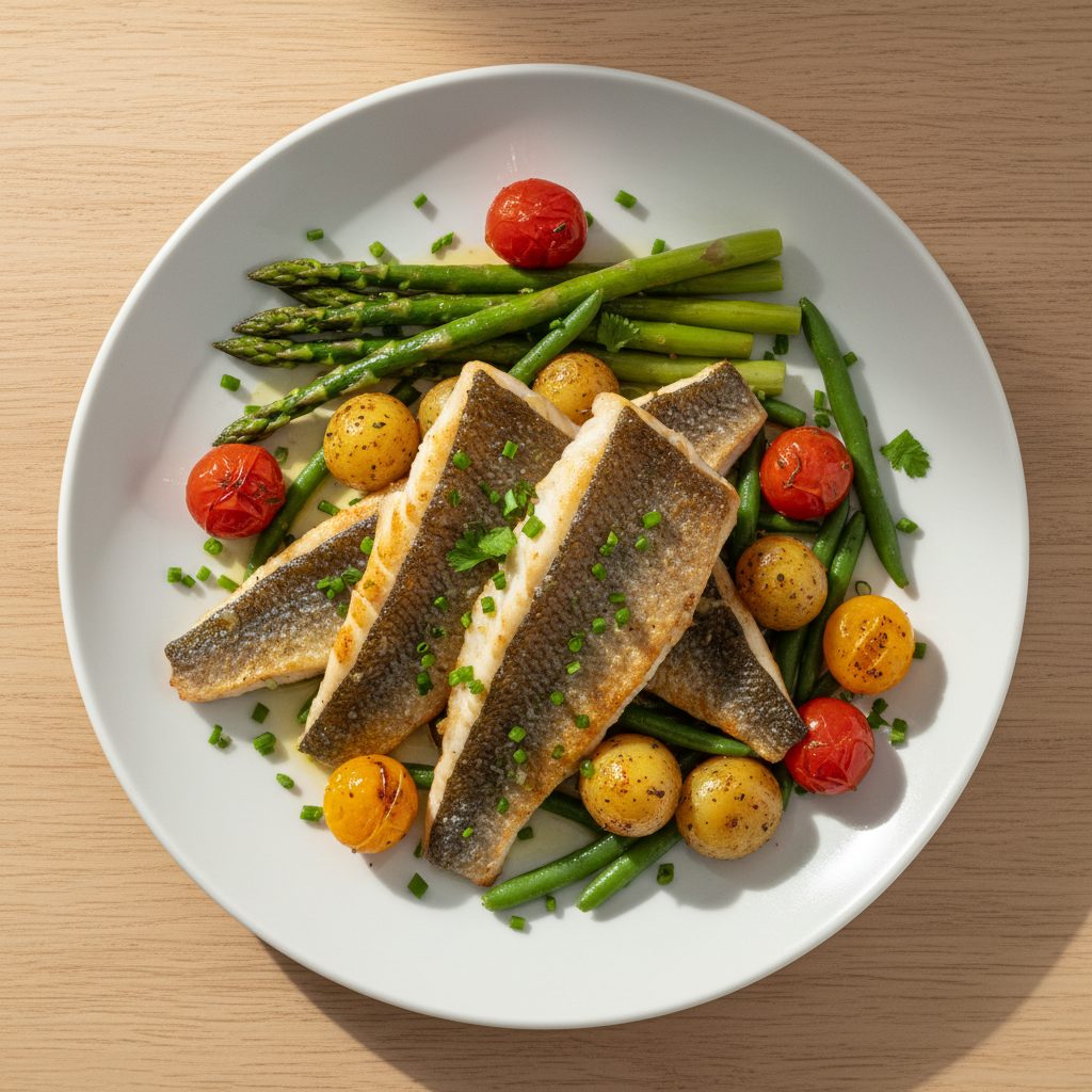 Plancha-zeebaars met groene asperges, sperziebonen en aardappeltjes