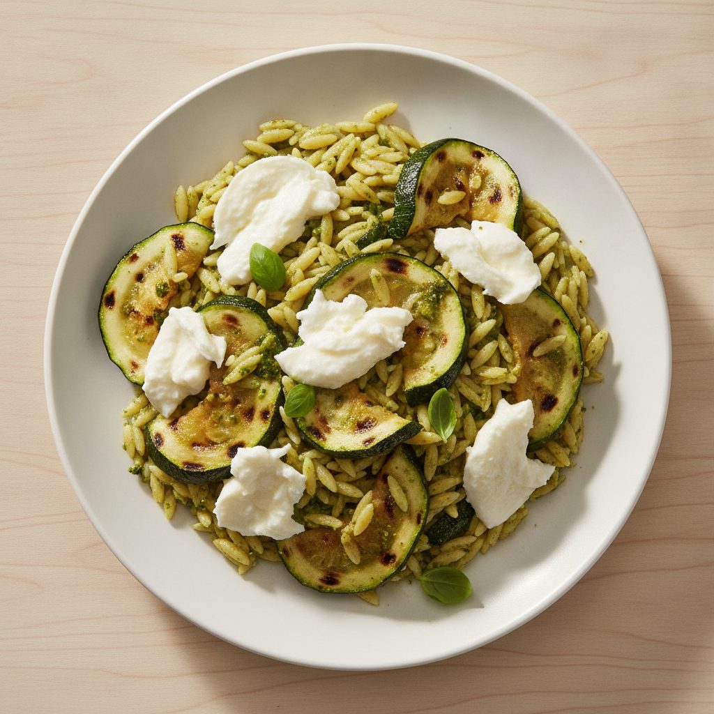 Italiaanse orzo met gegrilde courgette, mozzarella en pesto