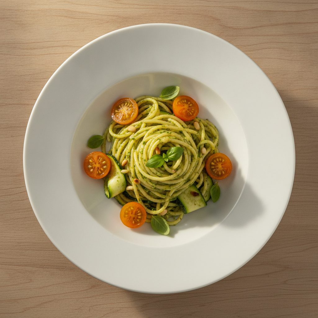 Spaghetti met courgette, pesto en honingtomaatjes