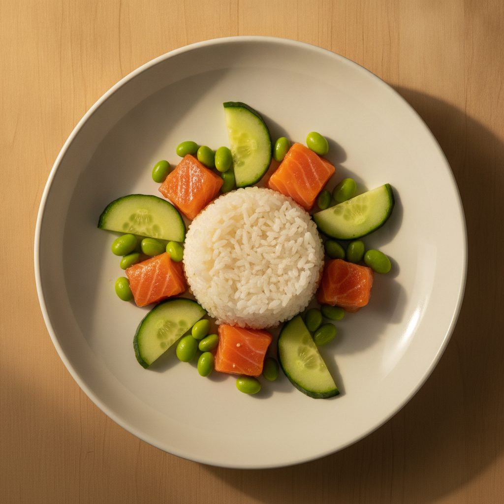 Poké bowl met gemarineerde zalm en sushirijst