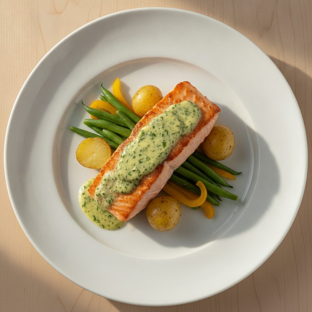 Franse zalm met sperziebonen en ansjovis-kruidenboter