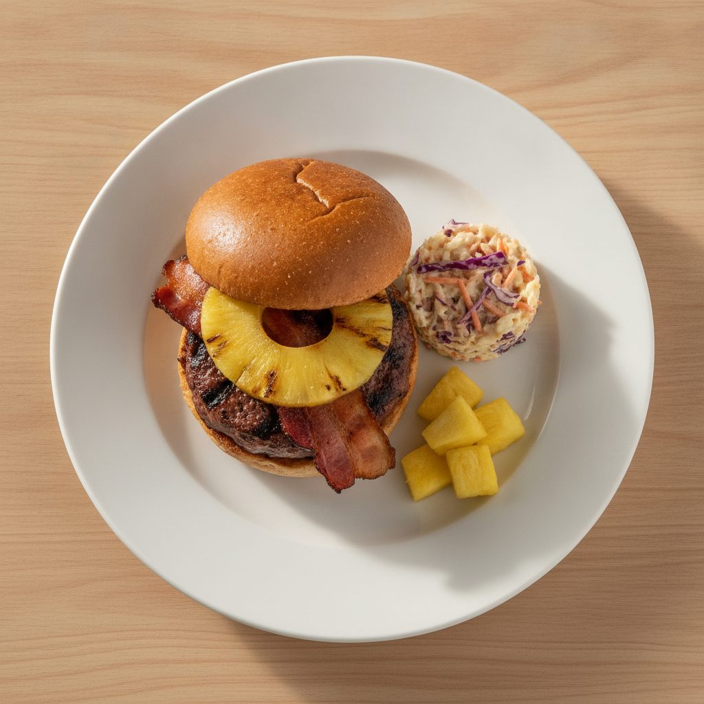Amerikaanse beefburger van de barbecue met gegrilde ananas