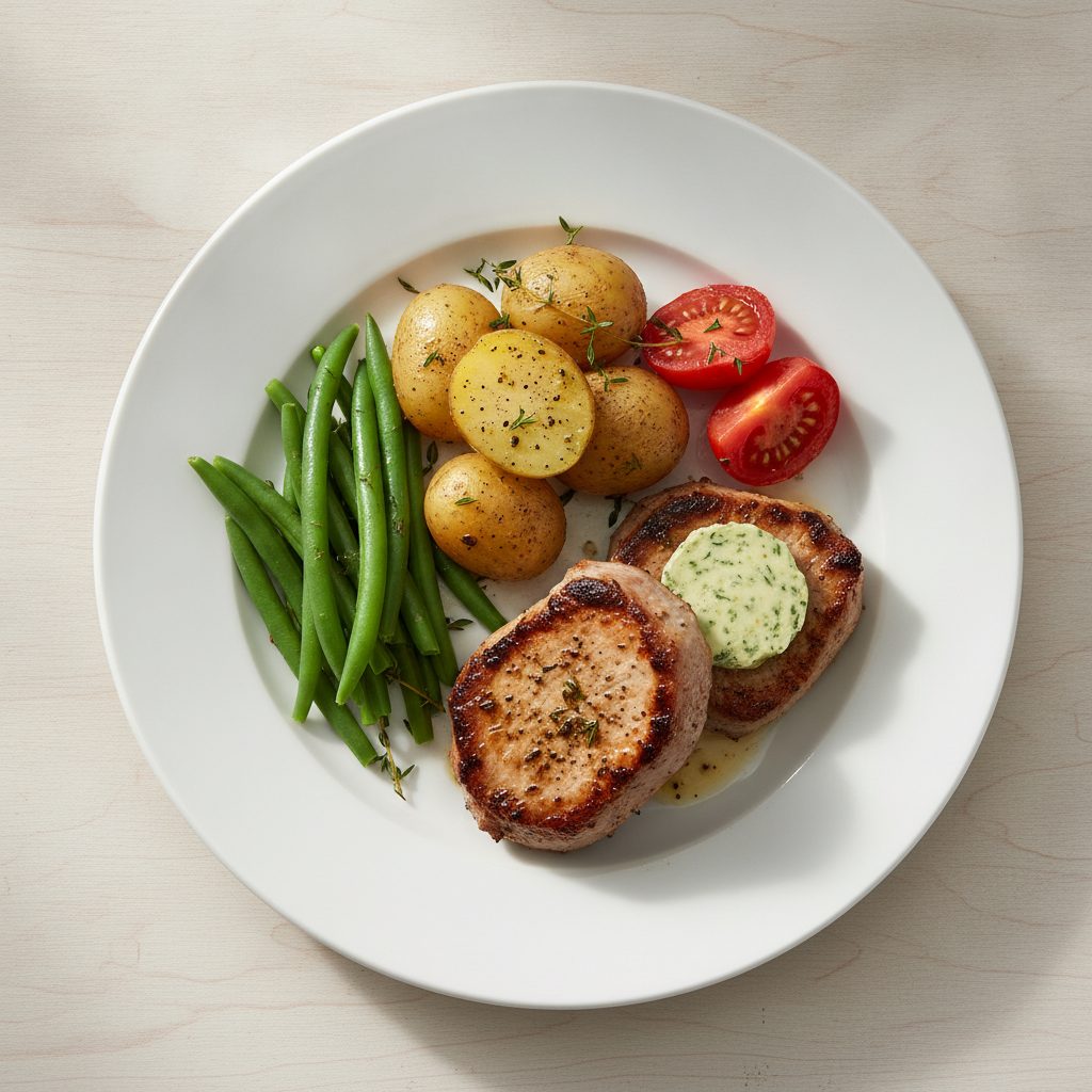 Provençaalse varkenshaas van de grill met kruidenboter en krieltjes