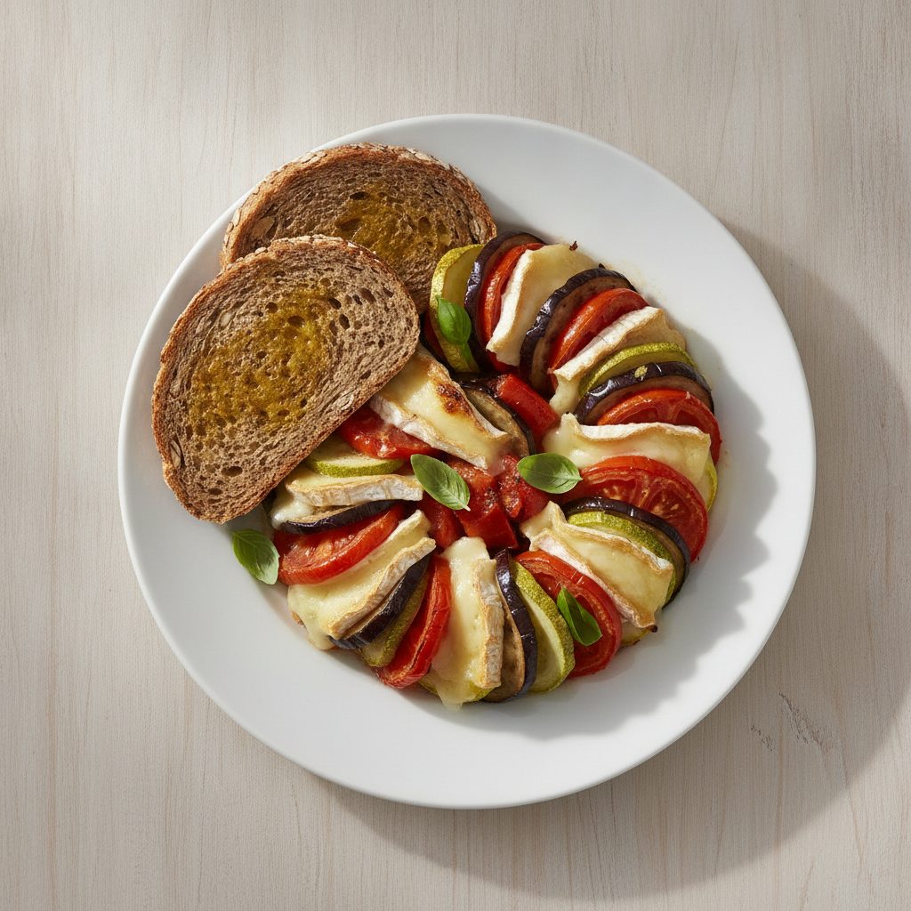 Provençaalse ratatouille uit de oven met brie en waldkornbrood
