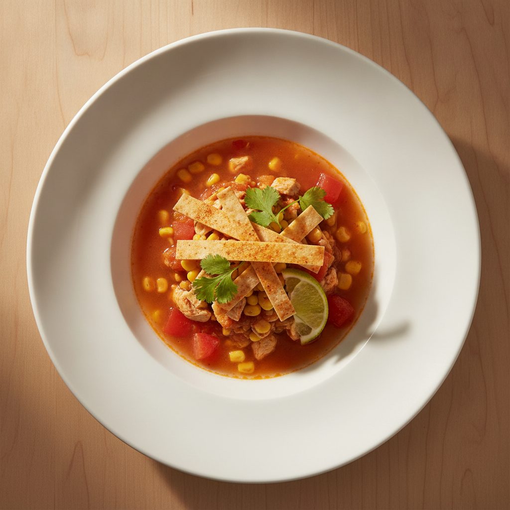 Mexicaanse tortillasoep met kip, maïs en tomaat