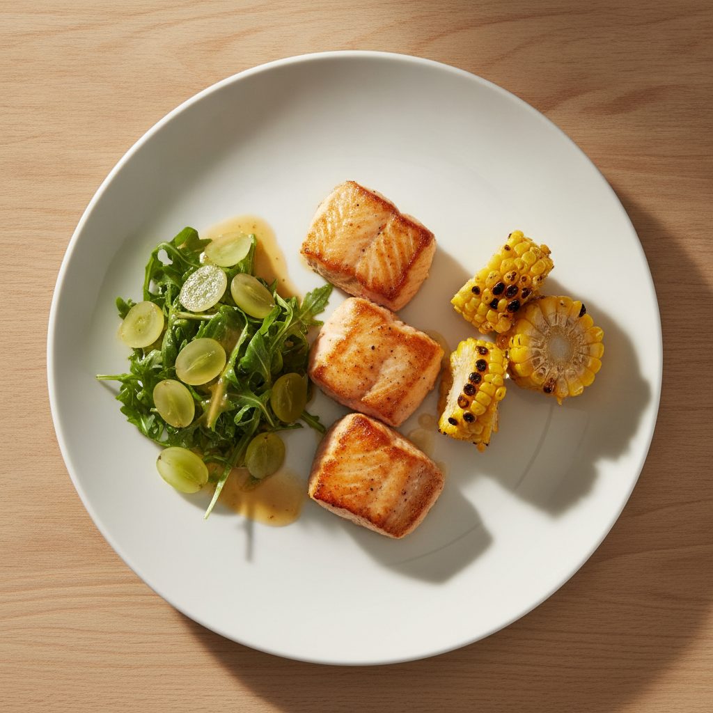 Californische zalm van de plancha met gegrilde maiskolf en rucola-druivensalade