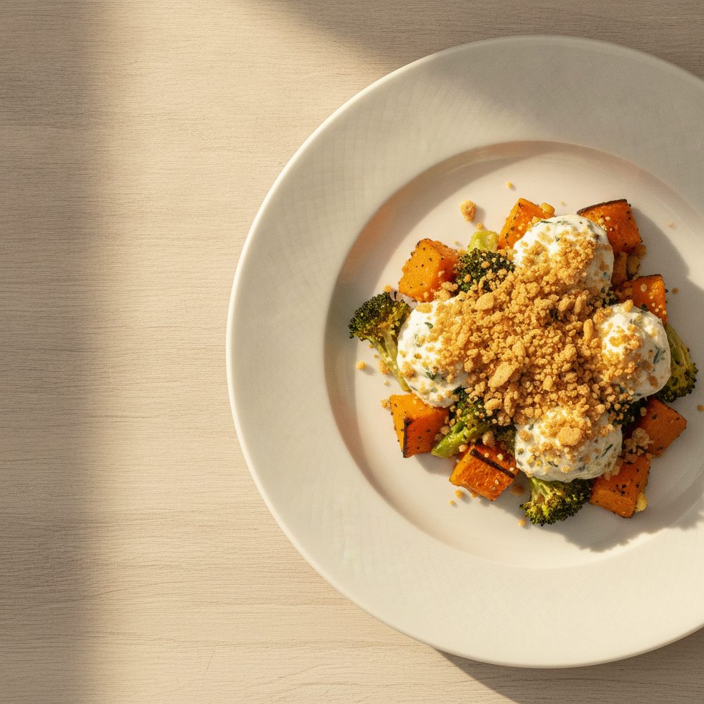 Herfstgratin van pompoen en broccoli met krokante crackerkruimel