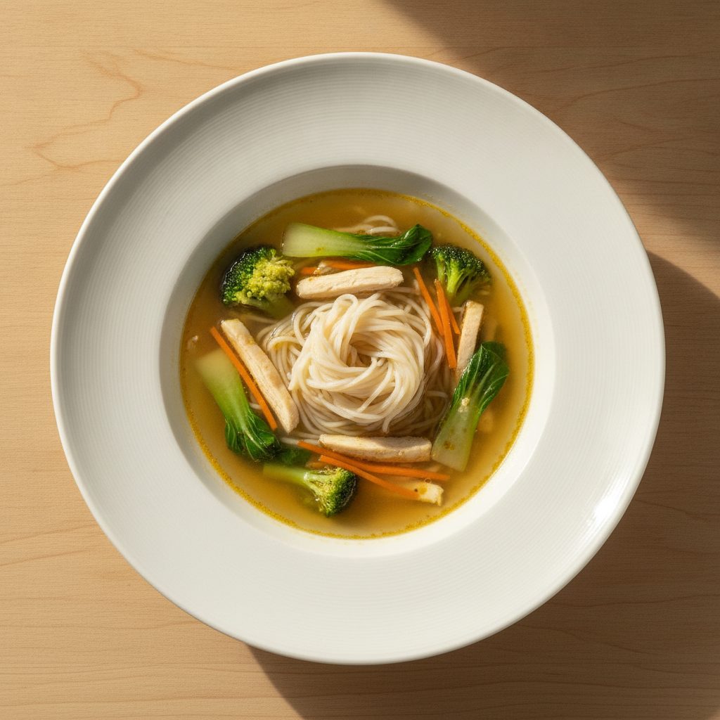 Vietnamese kippensoep met rijstnoedels, broccoli en paksoi