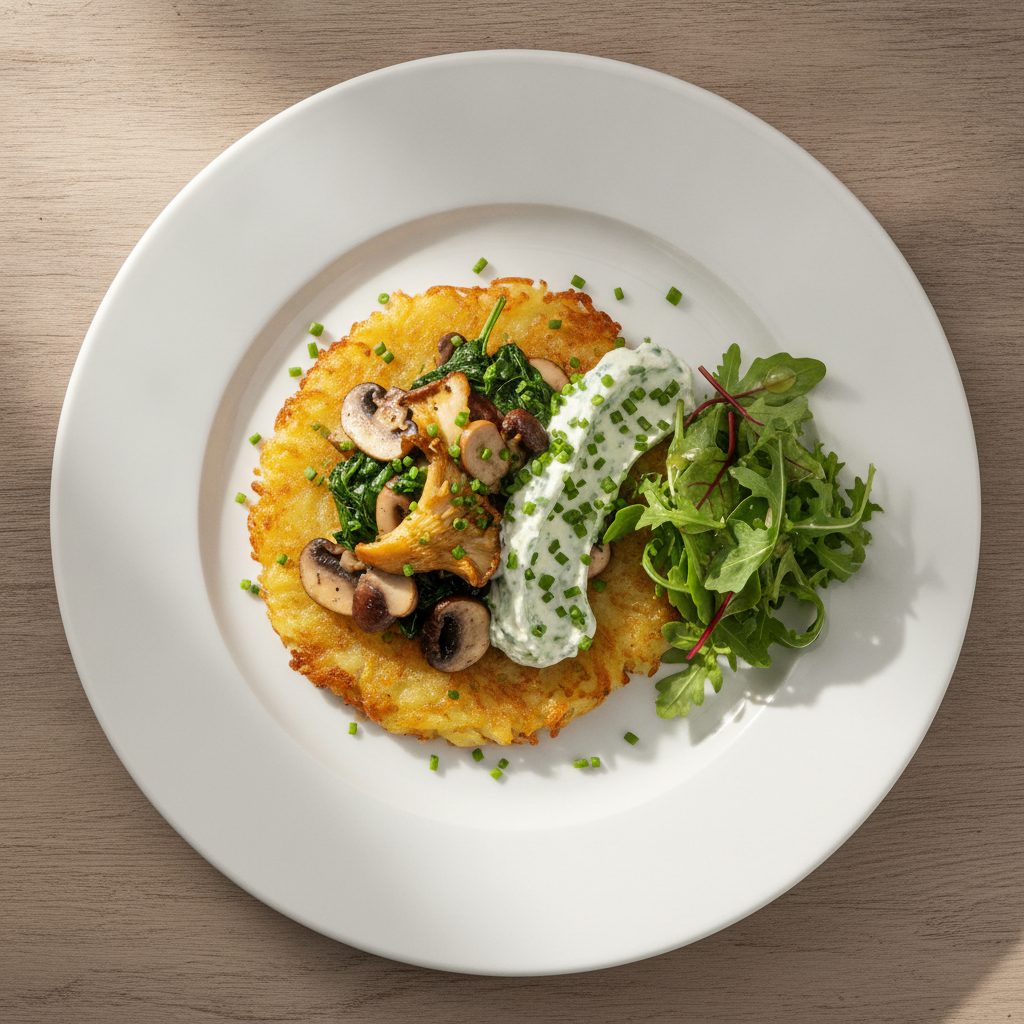 Zwitserse rösti met gebakken paddenstoelen, spinazie en kruidenkaascrème