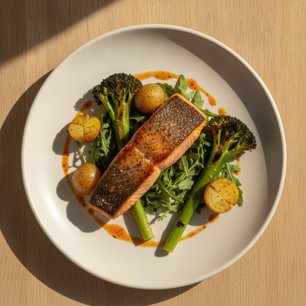 Portugese zalm van de plancha met gegrilde broccoli en piri-piri-olie