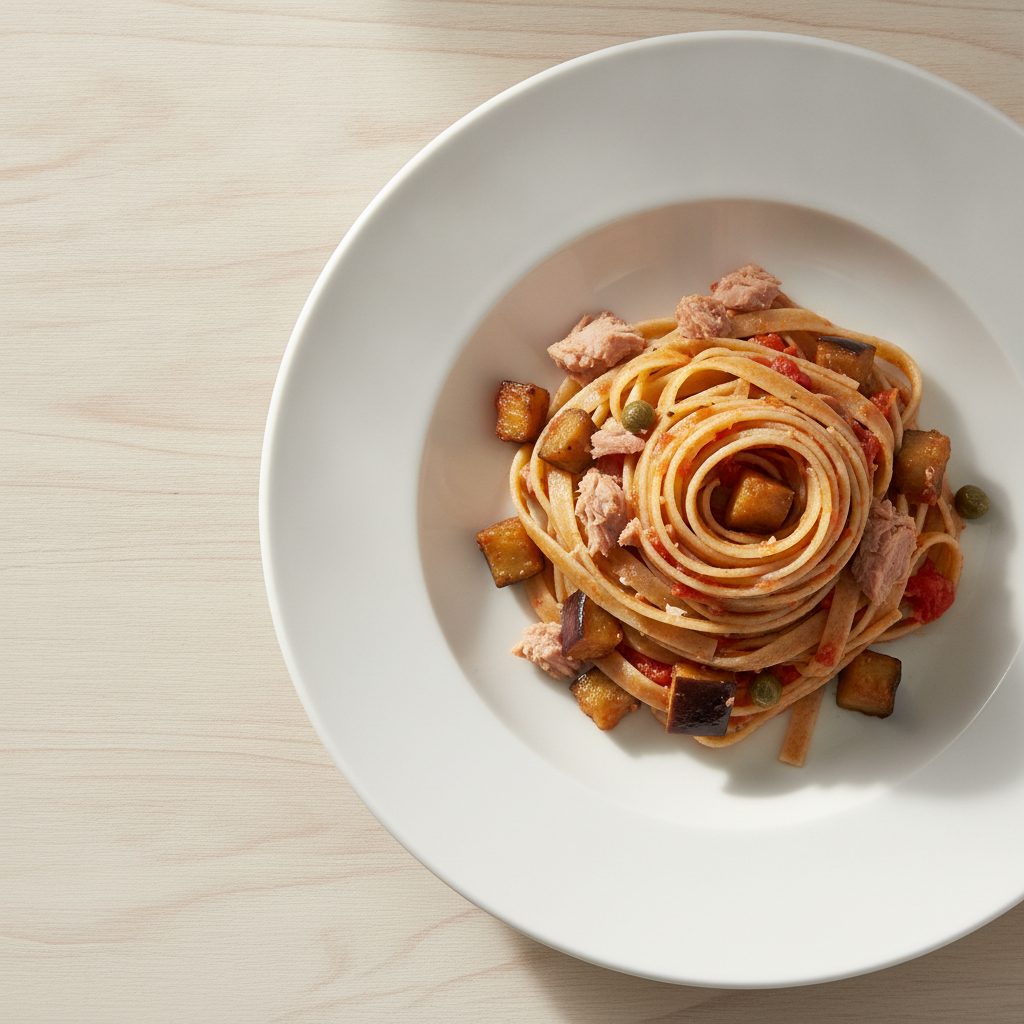Siciliaanse tagliatelle met tonijn, aubergine en kappertjes